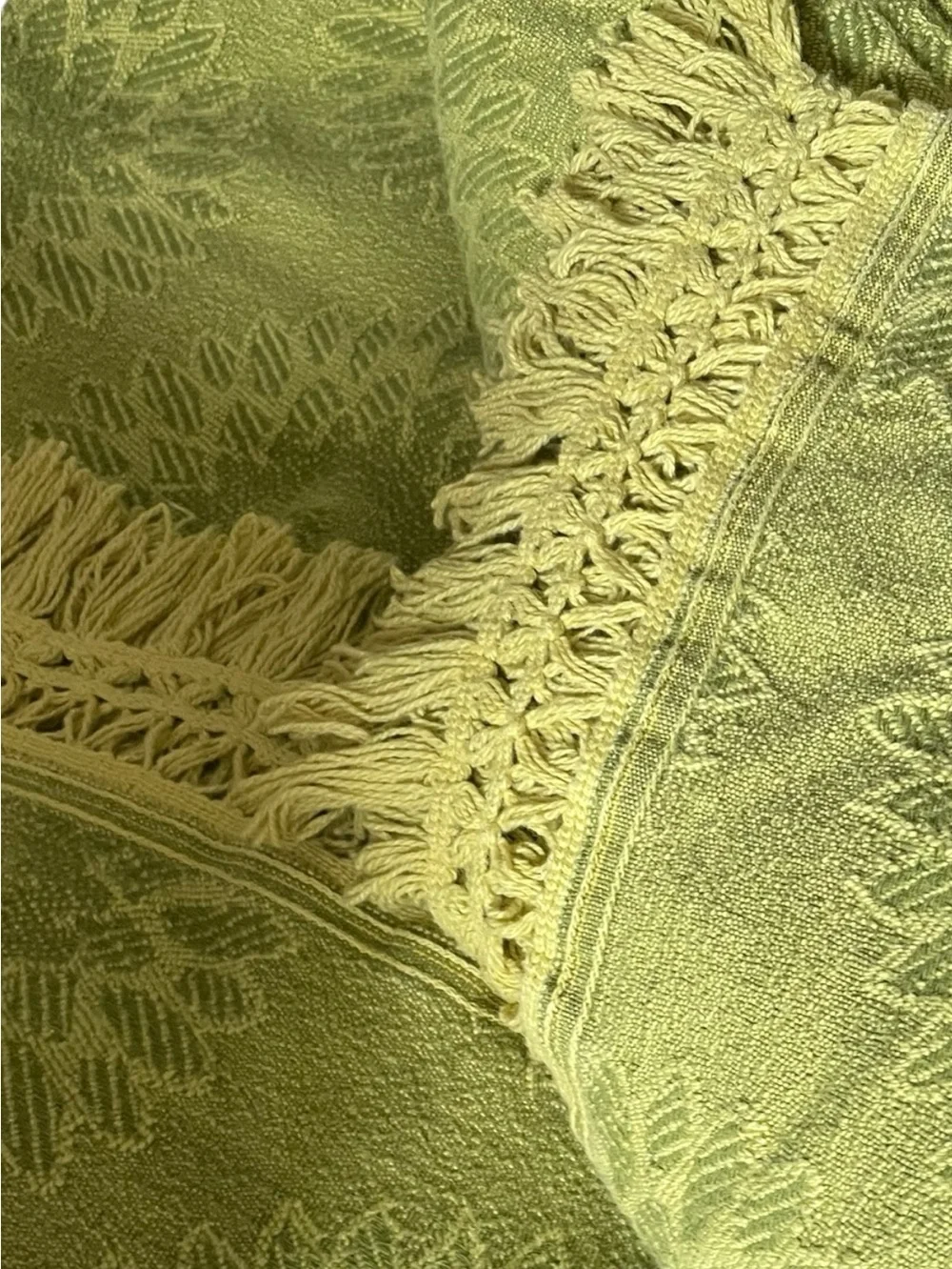 Cone Mills cotton bedspread, twin size, heavy brocade, fringe on 3 sides, 1960’s